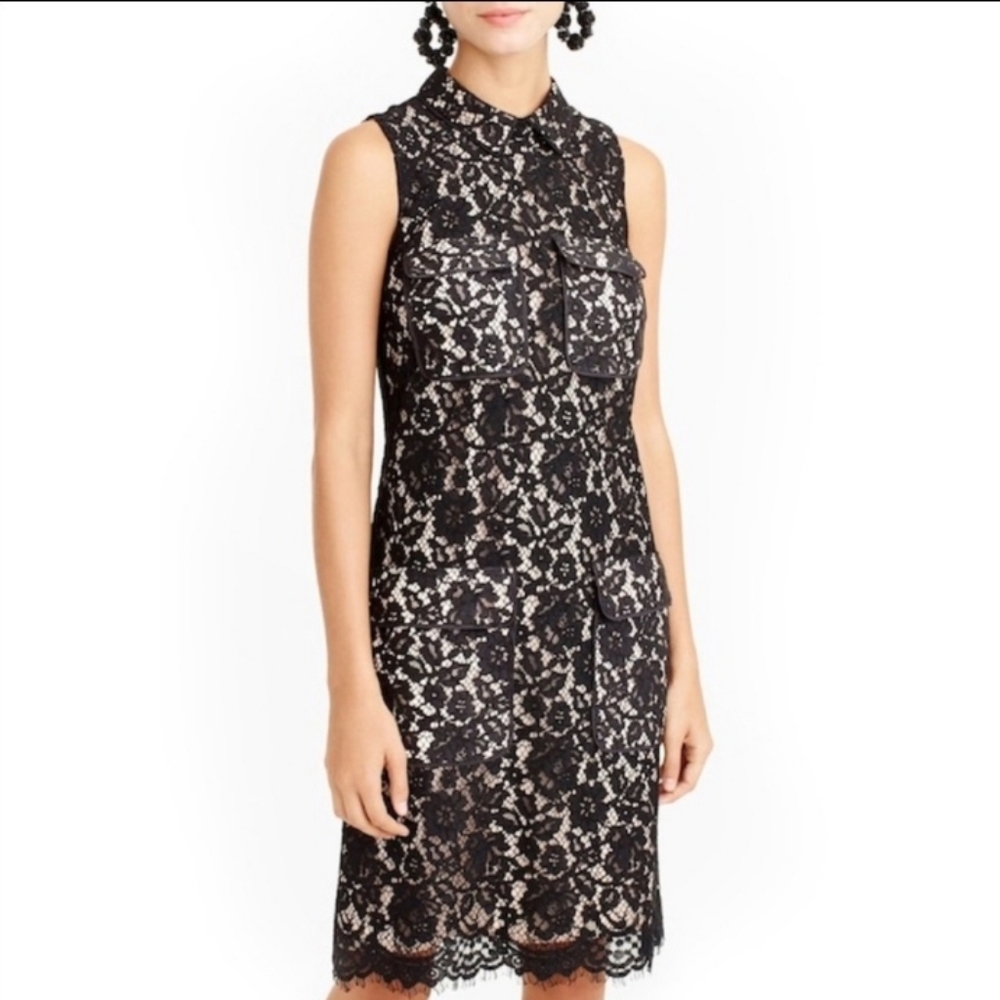 NWT J.crew Black Lace Peter Pan Collar Cargo Pocketed Cocktail Dress | tall sz 4
